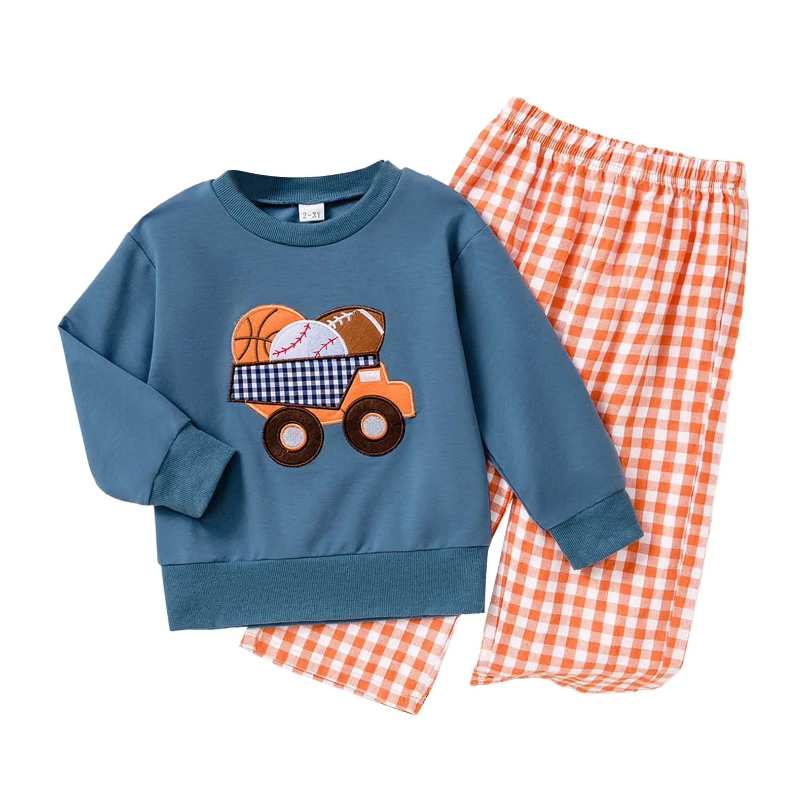 

Boys Size 3 Summer Clothes 2025 Boys Long Sleeved Truck Embroidered Top Checkered Pants Babys Casual Boys Summer Outfits Size 12