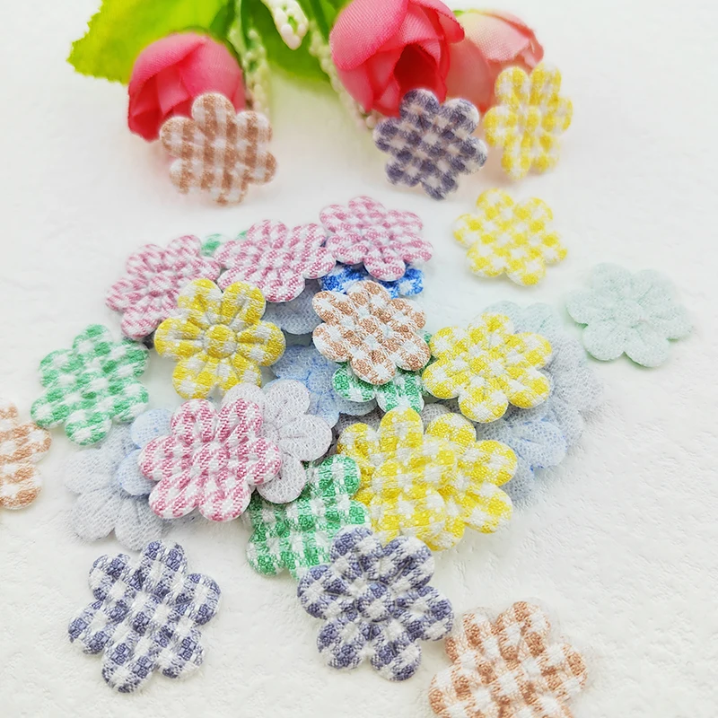 60Pcs 2CM Gingham Flower Applique Padded Patches For Clothes Hat Crafts Sewing Supplies DIY Headwear Hair Clips Bow Decor