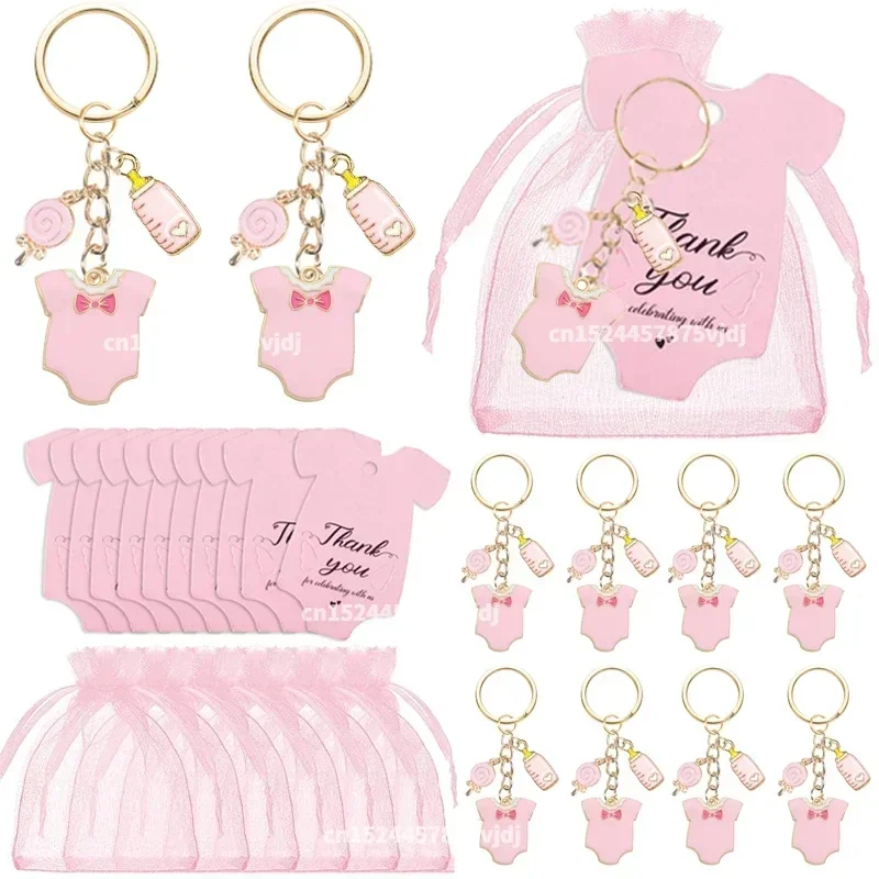 12 Set Baby Shower Favors Guests Footprint Keychains Christening Baptism Party Gifts Girls Birthday Thank You Tags Organza Bags