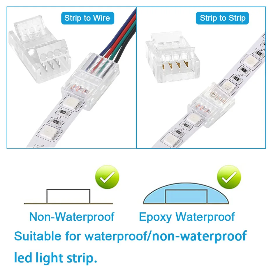5Pcs LED Light Strip Connector 2pin 3Pin 4Pin 8mm 10mm Waterproof Wire Connector For SMD 5050 Single Color Multicolor RGB Tape