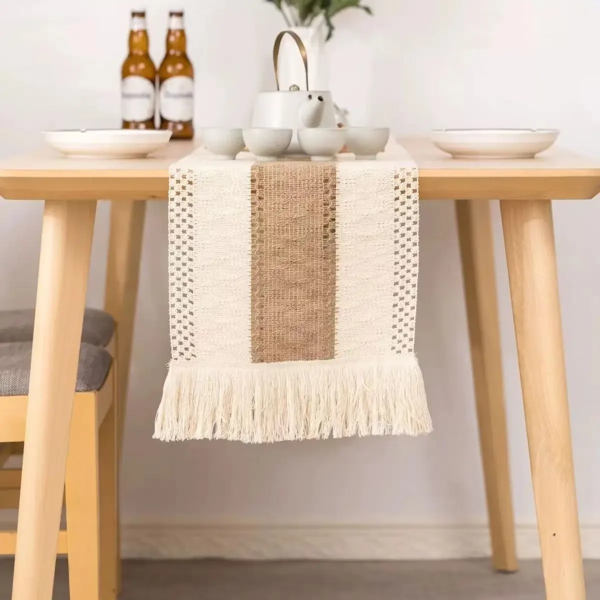 

Dining Home Decor flaxen table flag cotton and linen tablecloth handmade tassel tea table mat home long table decorative