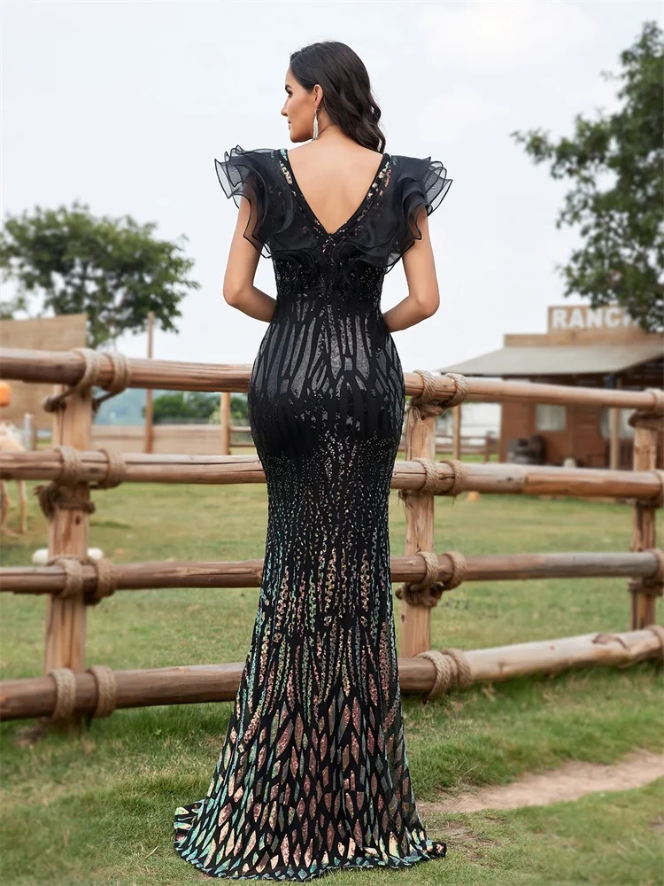 Lucyinlove Elegant Black Evening Dress For Women 2024 Luxury Long Mermaid Formal Sequins V-neck Prom Wedding Party Cocktail Gown