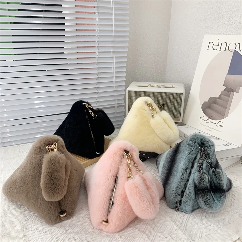 Autumn Winter New Fur Handbags Real Rex Fur Rabbit Fur Plush Triangle Bag