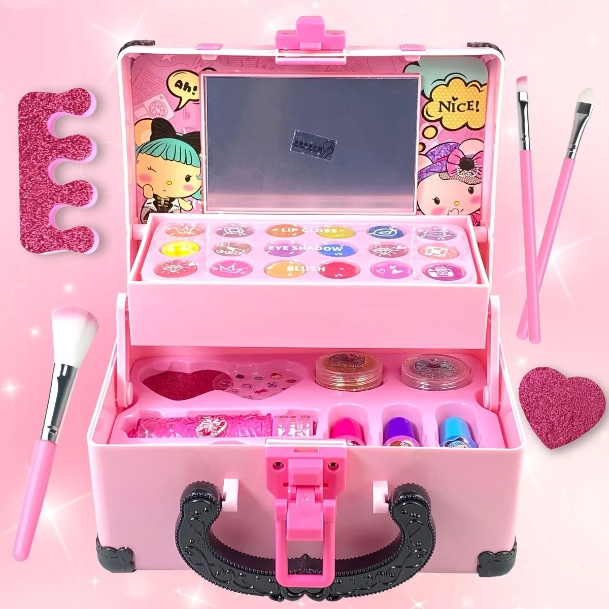 

Children's makeup classic suitcase for girls' pretend play makeup box with lipstick, eyeshadow and nail polish - birthday gift