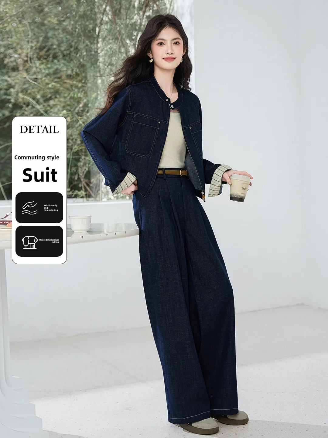 

Модный повседневный джинсовый комплект: женские брюки-палаццо и жакет, костюм-двойка, весна 2026, новинка в корейском стиле Xinfuiyu