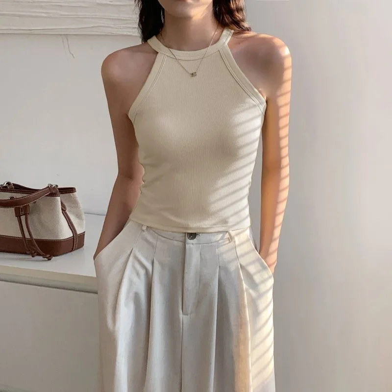 

Женские топы-халтеры в рубчик (2 шт.) с встроенными бюстгальтерами и подкладками, без рукавов, облегающие майки