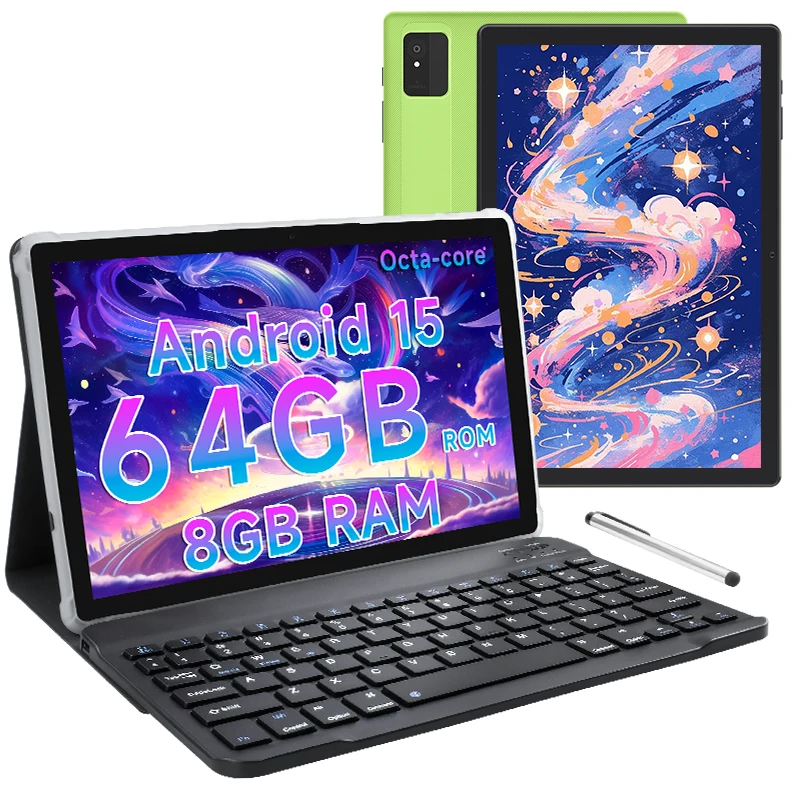 تابلت أندرويد 15 مع لوحة مفاتيح، ذاكرة وصول عشوائي 8 جيجابايت + ذاكرة قراءة فقط 64 جيجابايت (توسيع تيرابايت)، تابلت 10.1 بوصة مع بطارية 5000 مللي أمبير في الساعة، 2.4 جيجا/5 جيجا واي فاي، كاميرا مزدوجة