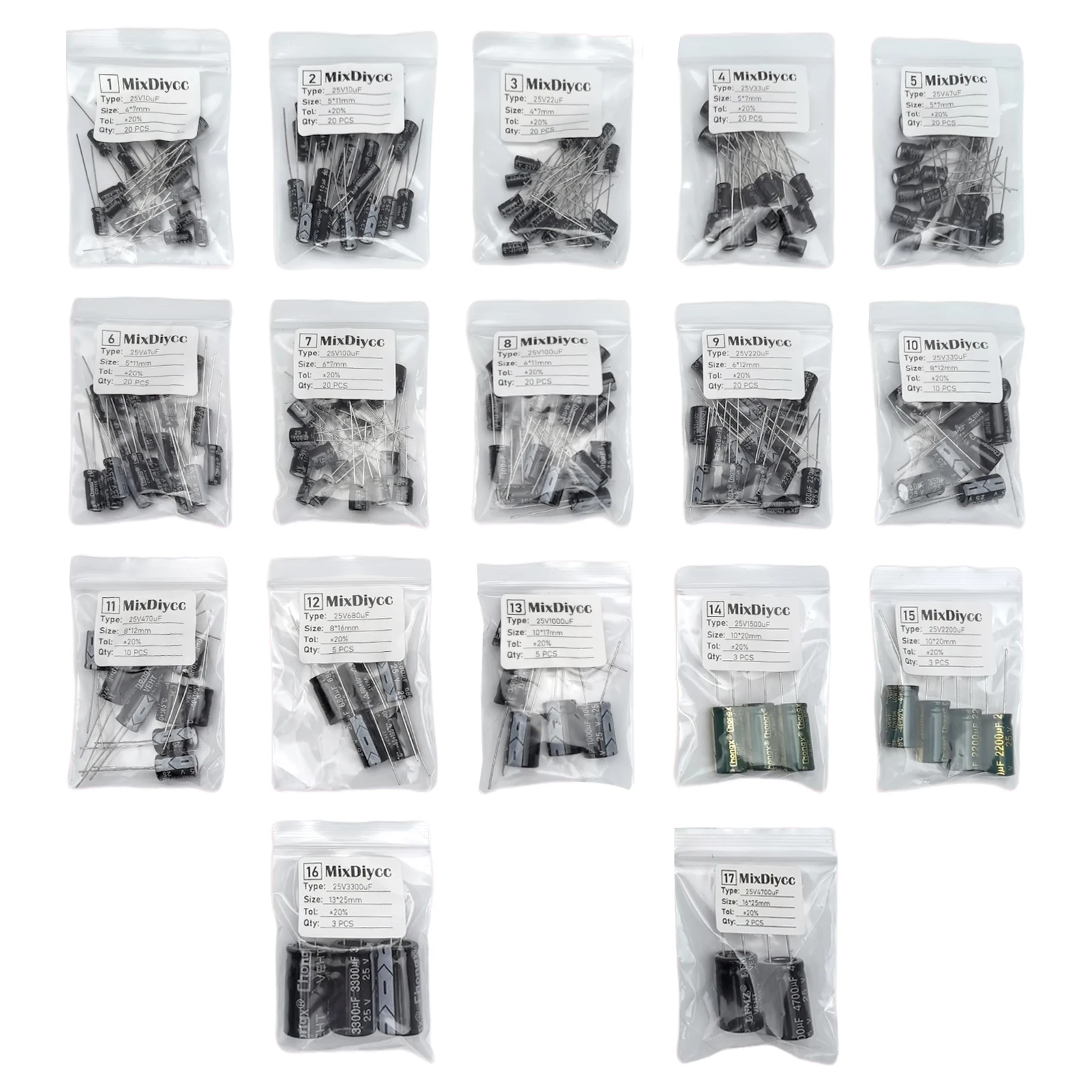 17 Values 25V Aluminum Electrolytic Capacitor Kit 10/22/33/47/100/220/330/470/680/1000/1500/2200/3300/4700 uF Total 221 Pcs
