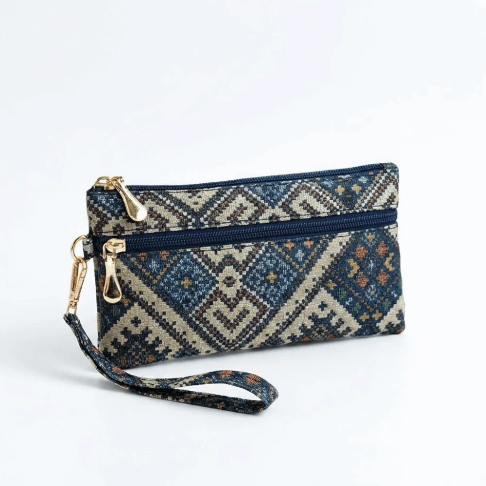 Vintage Retro Ethnic Style Clutch Purse Double Zipper Portable Long Wallet Geometric Pattern Polyester Wristlet Wallet Ladies