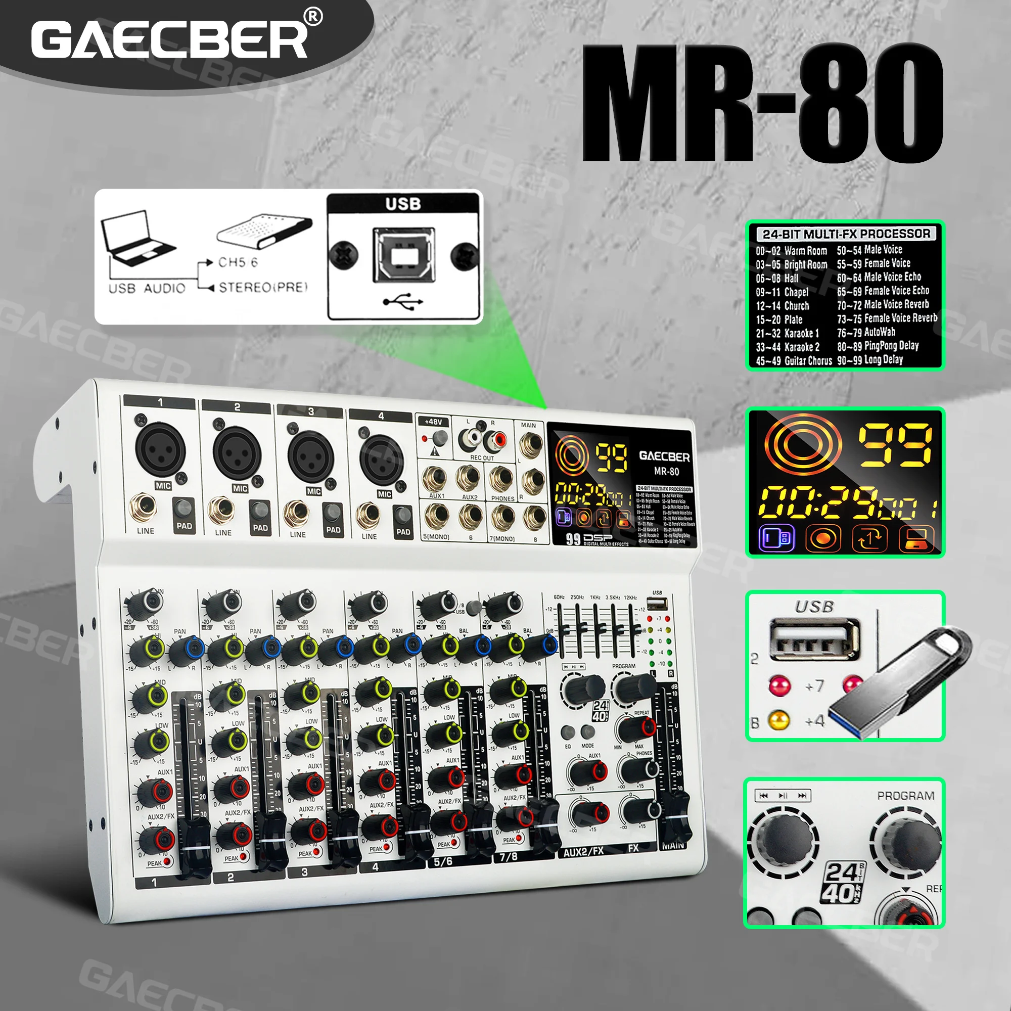 

Audio mixer MR-80 8-way with Bluetooth and 99 reverb effects suitable for KTV amplifiers family party