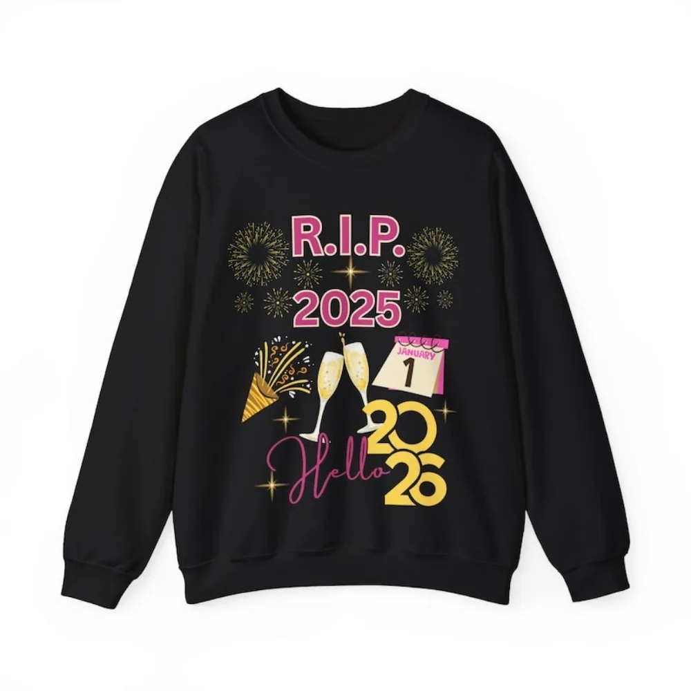 سويت شيرت الاحتفال بالعام الجديد R.I.P. 2025 مرحبا 2026 للجنسين Crewneck هدية مريحة عطلة الملابس رأس السنة الجديدة يوم رأس السنة الجديدة