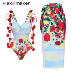 FLAXMAKER-Conjunto de Bañador estampado de limón, traje de baño de dos piezas con hombro anudado, Garden Phantom, traje de baño de una pieza y Sarong, venta al por mayor