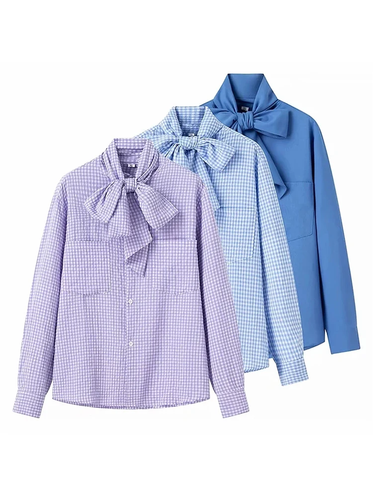 Women\'s Casual Plaid Print Long Sleeve Blue Blouse, Elegant Bow Collar, Loose Purple Shirts, Cute Lady Tops, New, 2024