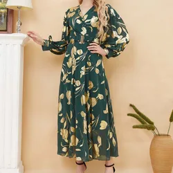 Women Floral Dress Bronzing Retro Muslim Abaya Elegant Maxi Vestidos Islamic Long Dresses for Woman Muslimah Turkey Dubai Robe