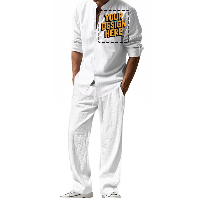 Free Custom Your Logo Design  Four Seasons Linen Men's Casual Suit Amazon Loose Long Sleeve Trousers Shirt Suit Men