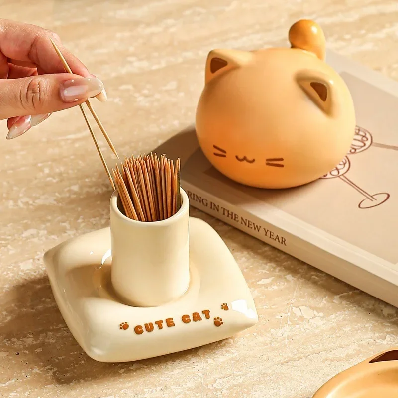 Creative Cute Cartoon Cat Underglaze Ceramic Toothpick Holder, Multifunctional Cotton Swab Jar for Home Decor, Gift for Friends
