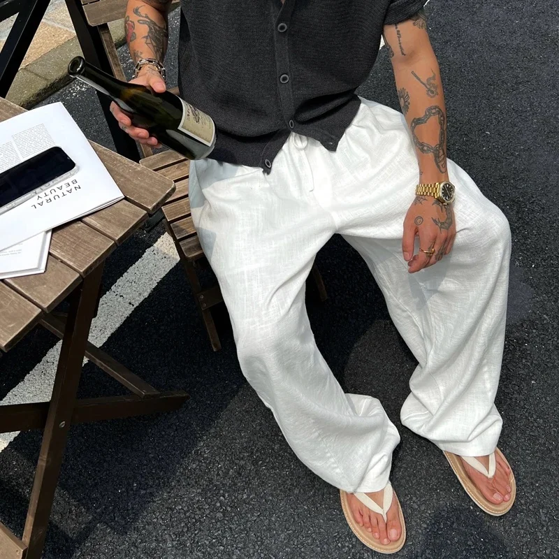 

Loose Fit Linen Casual Pants Men's Summer Lazy Straight Leg Wide Leg Drapey Casual Long Trousers Faionable American Leisure