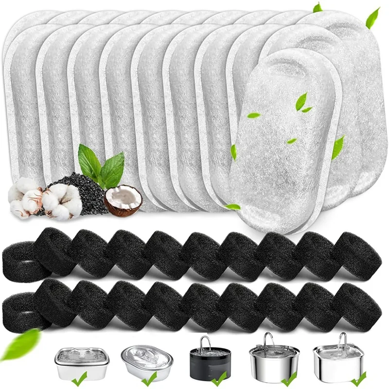 

40PCS Cat Water Fountain Filters for 67oz/2L and 108/3.2L Stainless Steel Pet Fountain Cat Replacement Filters Sponges-A09G