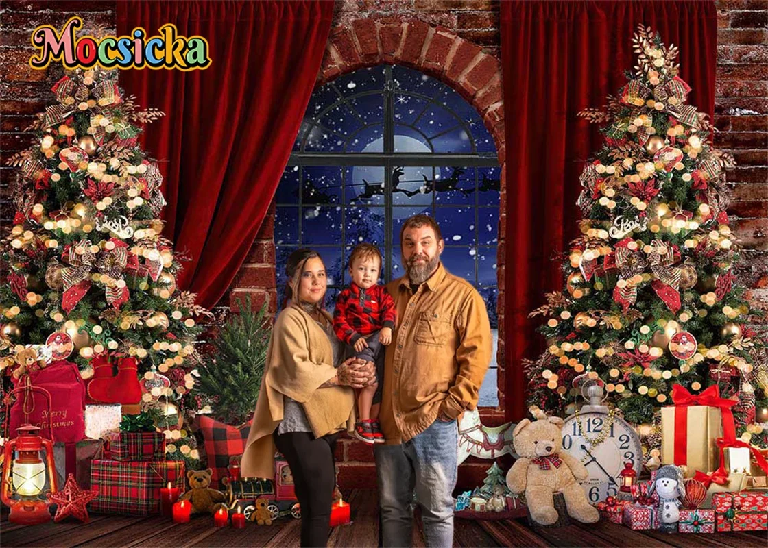 

Christmas Photography Background Decor Xmas Tree Gift Red Brick Wall Family Portraits Custom Party Props Backdrop Studio Custom