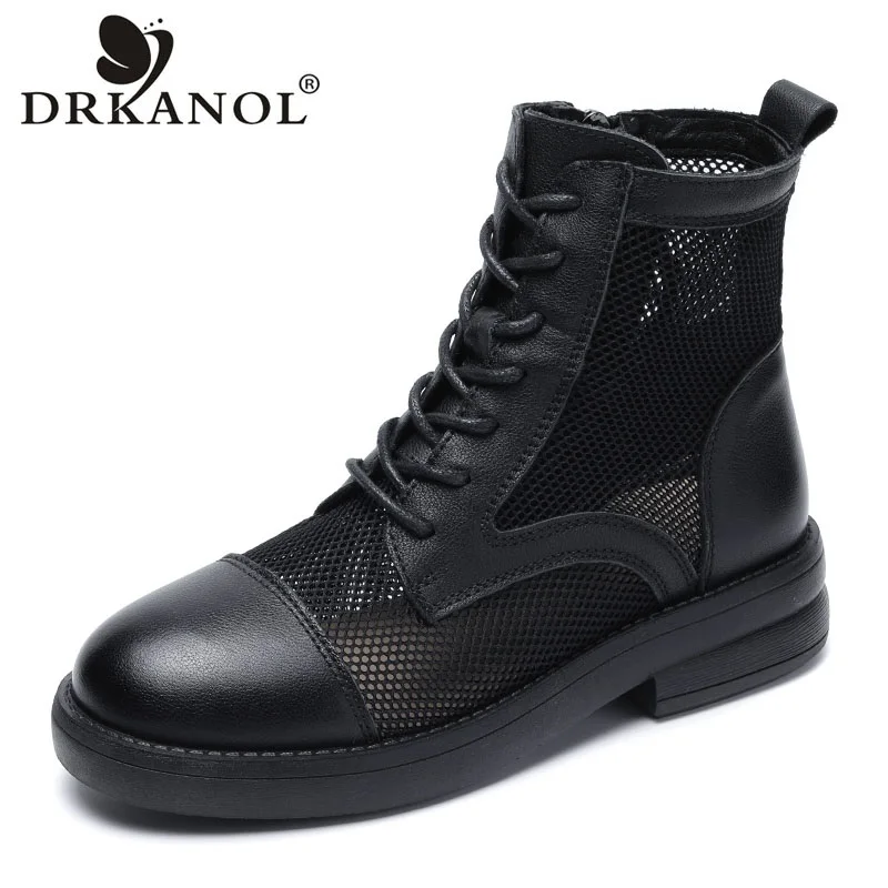 DRKANOL British Style Women Air Mesh Breathable Cool Boots Summer Thick Heel Genuine Cow Leather Lace Up Zipper Casual Boots