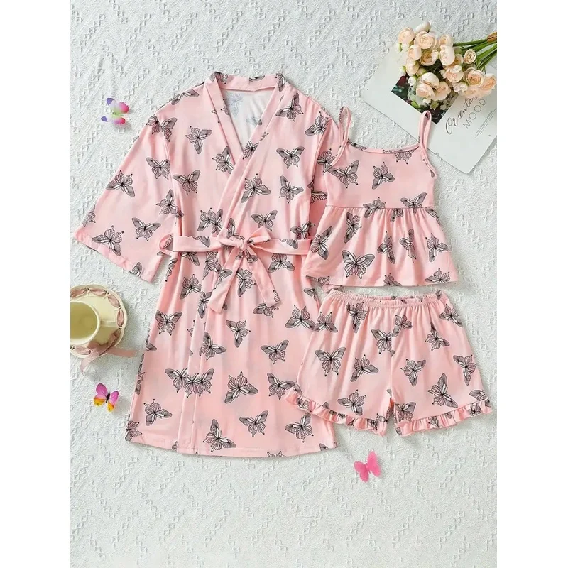 3pcs Kids Girls Butterfly Print Cami Top Ruffled Lace Shorts Bathrobe Set with Belt Allover Print Loungewear for Girls