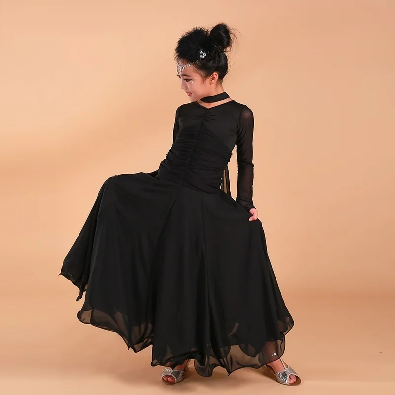 Girls Child Long Sleeve Tango Rumba Samba Flamenco Waltz Dance Competition Dress Dancewear Kids Standard Ballroom Dance Dress