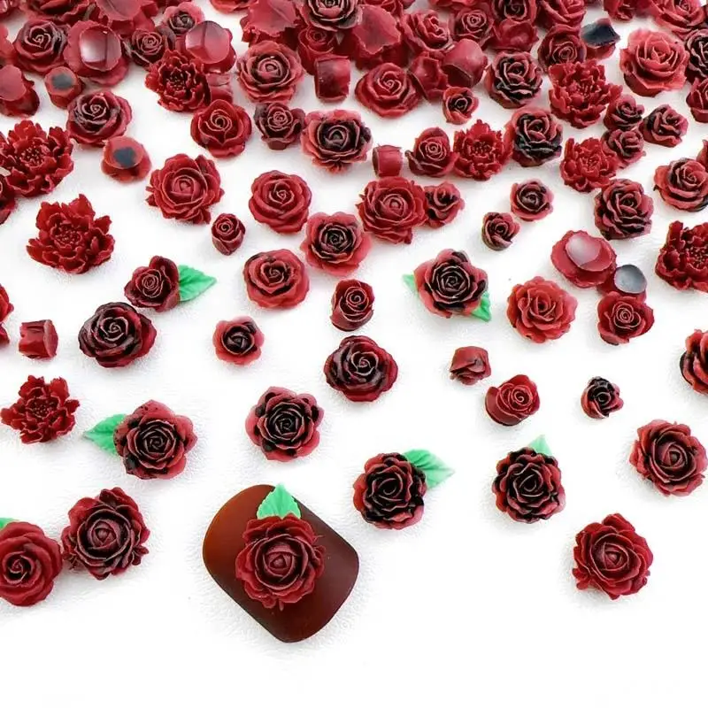 Losowo mieszane wino czerwona róża Nail Art Charms 3D Retro żywica Luminous Camellia Flowers Ozdoby do paznokci Akcesoria do paznokci DIY