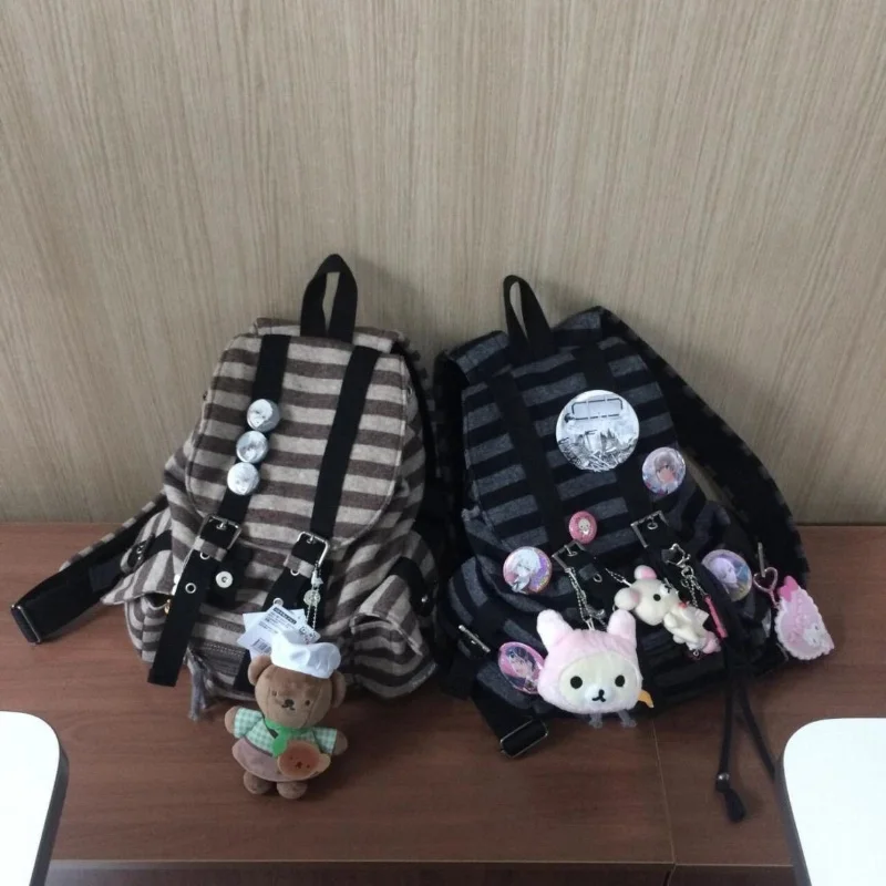 Korean Series Stripe Canvas Bag Women 2024 New Newjeans Same Functional Schoolbag Commuter Versatile Backpack