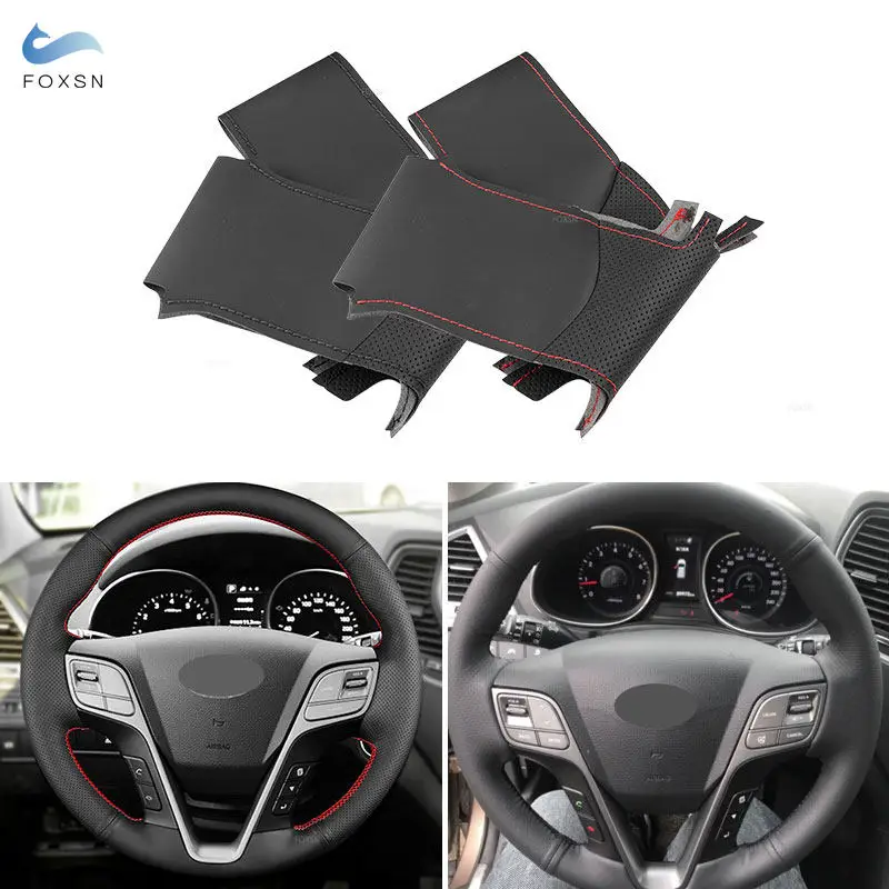 Perforowany skórzany pokrowiec na kierownicę ręcznie szyty do Hyundai Santa Fe 2013 2014 2015 2016 2017 2018 ix45 2013-2016