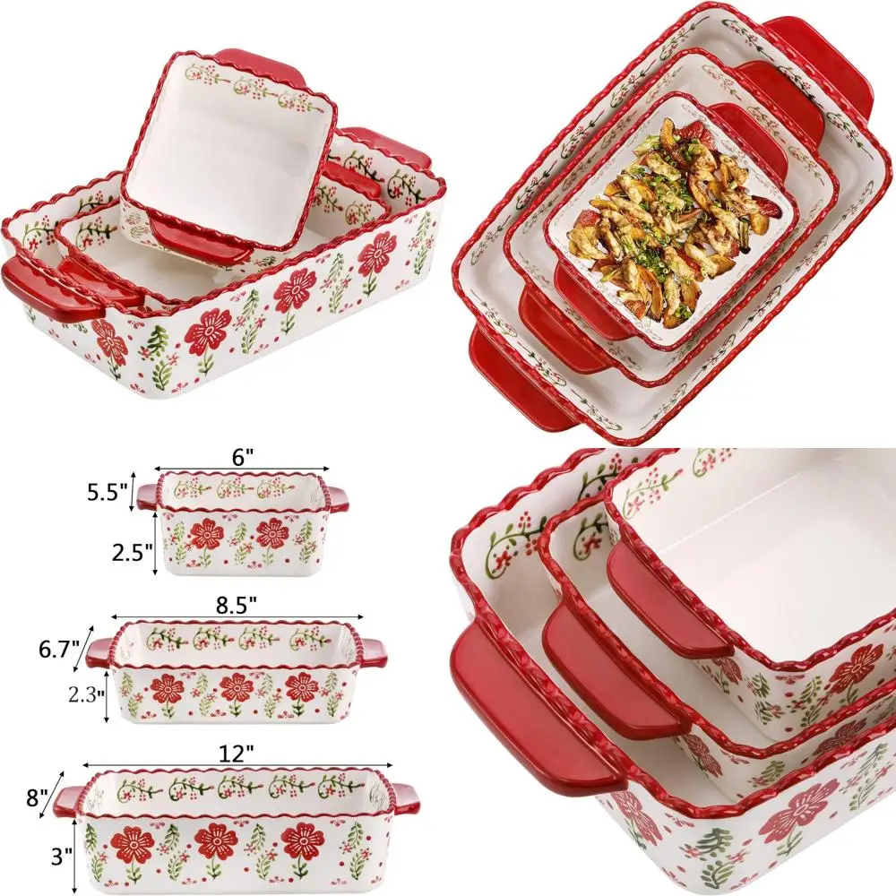 

3 pack ceramic baking dishes, rectanglar bakeware set hand-painted lasagna pan porcelain serving bakeware for pasta, chicken, k
