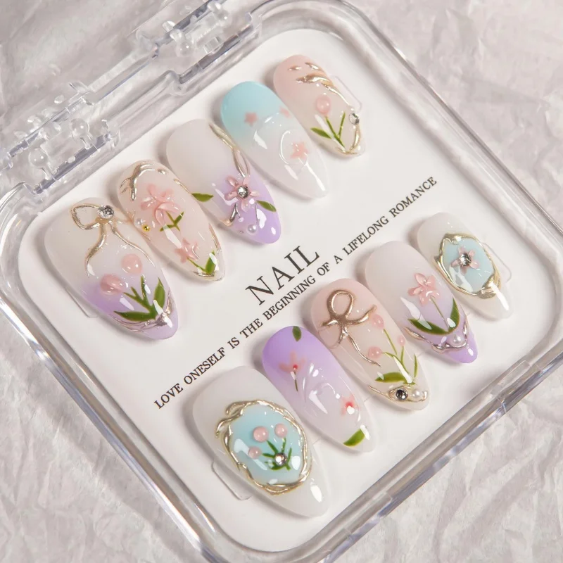 

Handmade Pastel Gradient Almond Press On Nails Spring 3D Hand Painted Floral Fake Nails Gold Line Rhinestone Sweet Gentle Reusab