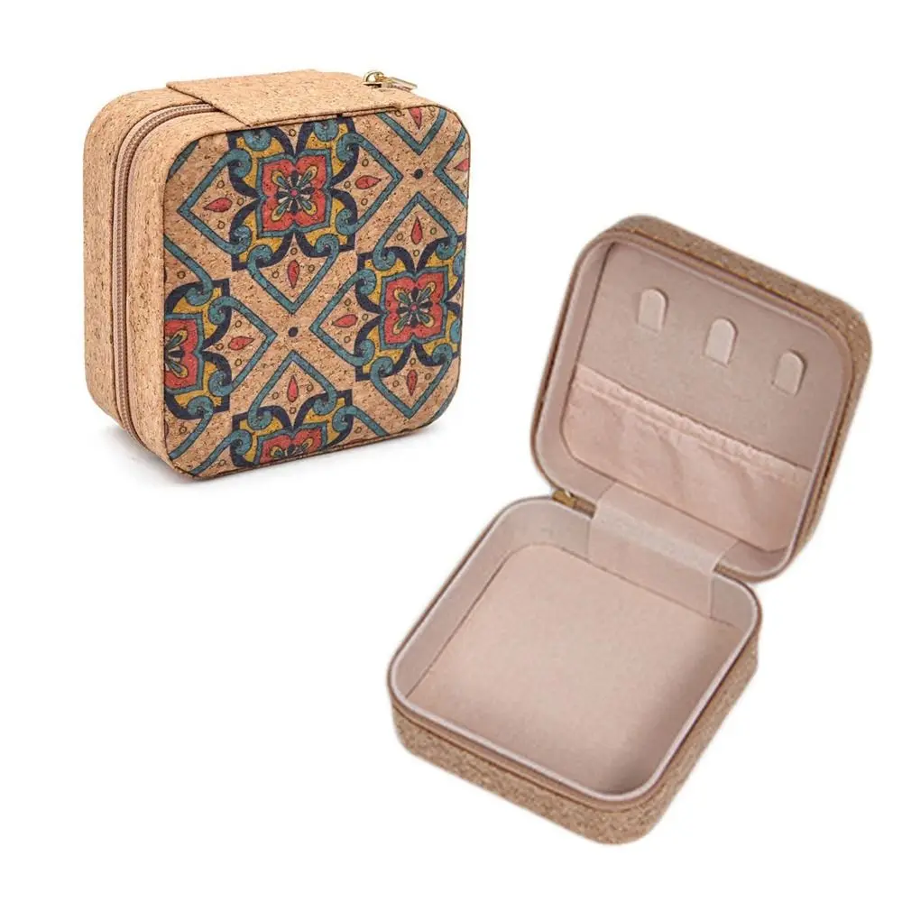 コルク木製ジュエリー収納ボックス正方形ジッパー化粧品ホルダーダブルボックスプリントリングイヤリングオーガナイザー