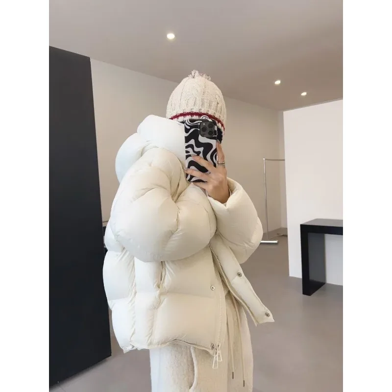 

Puff Down Jacket Women's Short Hooded Loose Bread and Padded White Duck Down Warm Coat