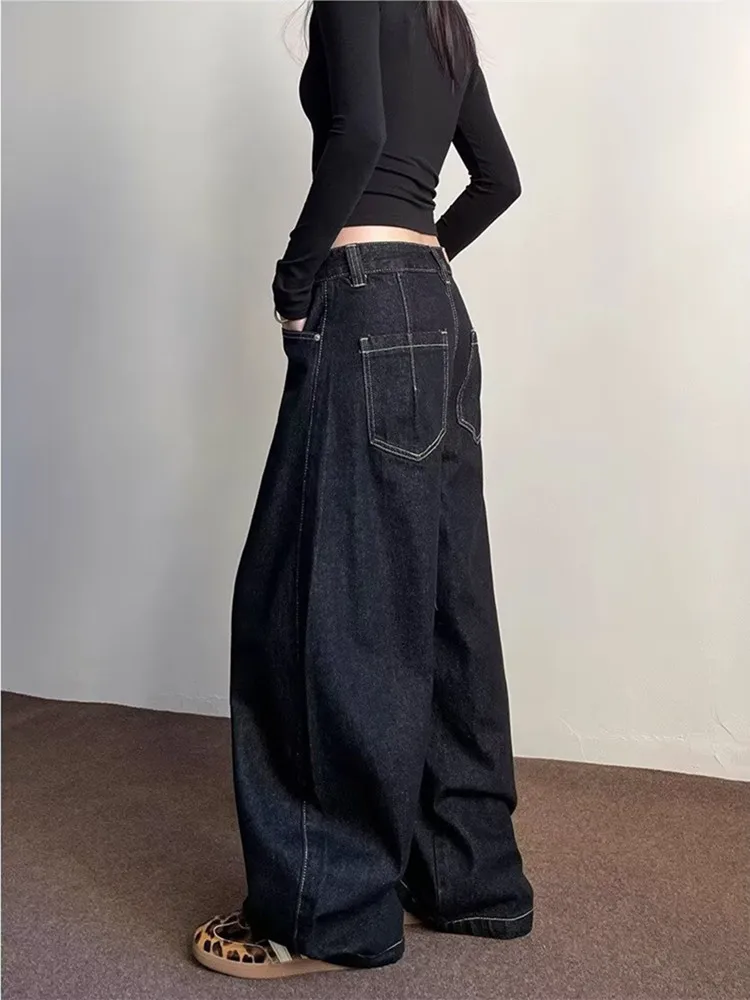 Japanese 2000S Style Y2K Button Fly Solid Black Baggy Jeans Pants Women Clothing Wide Leg Korean Casual Lady Trousers Ropa Mujer
