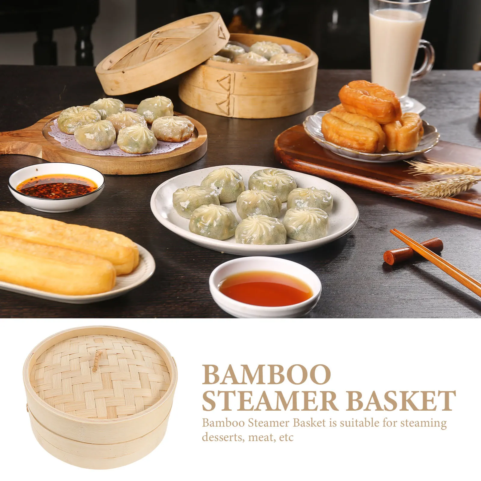 

1 Set Bamboo Basket With Cover Kitchen For Rice Eggs Potatoes Corn Meat Desserts High Heat Resistant Bamboo Food