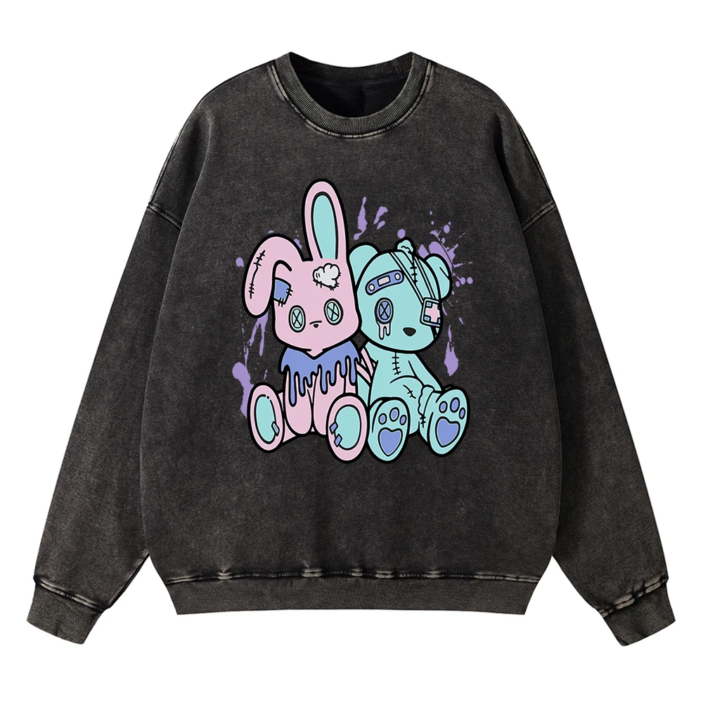 

Vintage Distressed Washing Pink Rabbit Blue Rabbit Cartoons Graphic Men Hoodies Oversized Clothes Hoodie Hip Hop Cotton Pullover