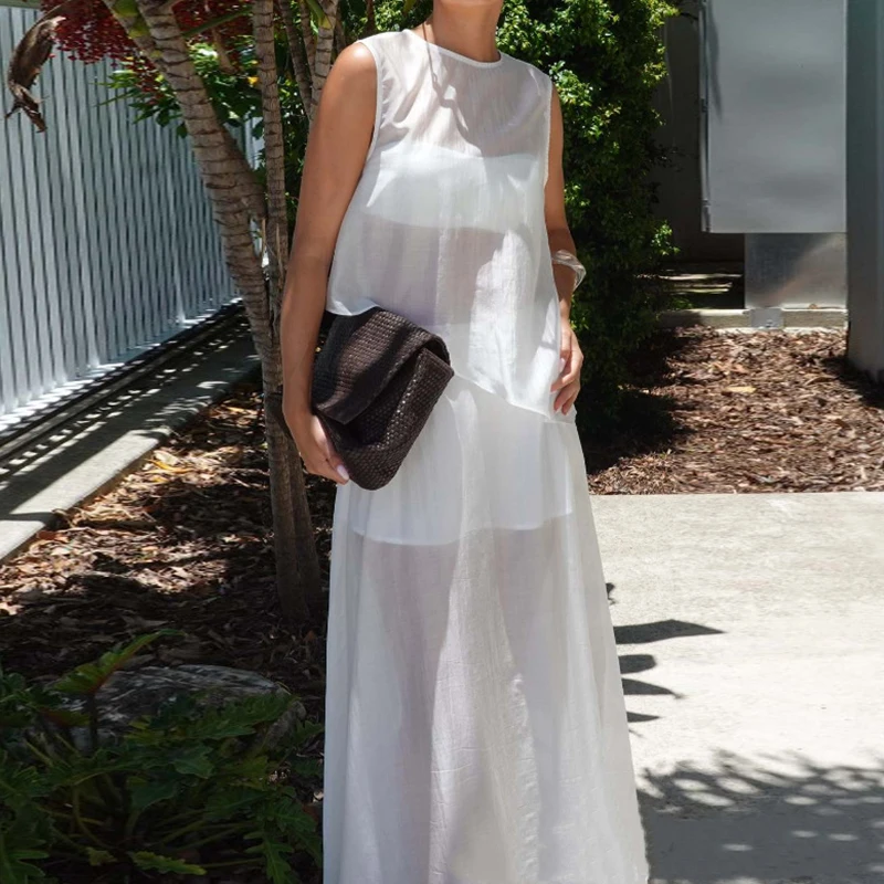 

Summer O-neck Sleeveless Vest Top & Long Skirt Outfits Casual Loose Women's Holiday Suits White See Through Mesh Two Piece Set