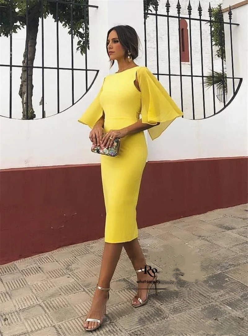 

Elegant Yellow Short Prom Dresses Party Gown Sheath Backless Chiffon Flutter Sleeve Tea Length Midi vestidos de fiesta cortos