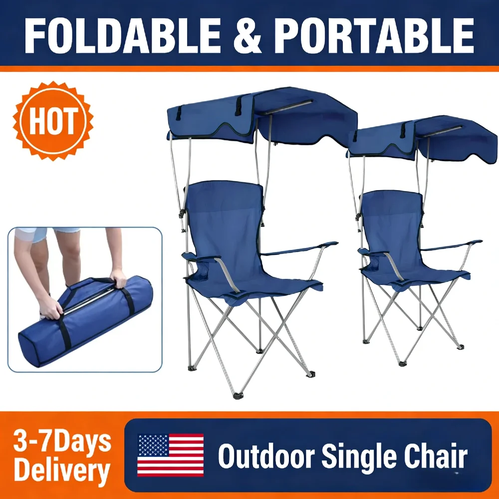 

Large Folding Fishing Chair with Sunshade Ceiling & Cup Holder 600D Oxford Camping Lawn Chair Portable for Beach Picnics Outdoor