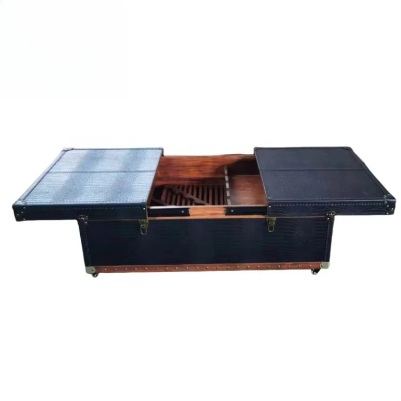 

Retro retro functional storage luggage luxury coffee table wooden coffee table black leather living room center table
