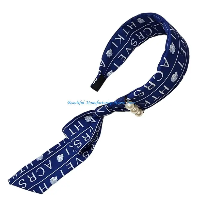 E56A English Letters Ribbon Headwear with Pearls Accent for Girls French Comfortable