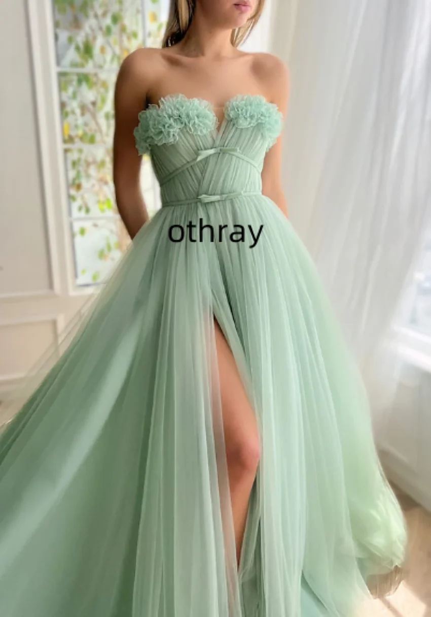 

Othray A-Line Evening Gown Floral Dress Formal Wedding Guest Court Train Sleeveless Strapless Tulle with Bow(s) Slit 2023