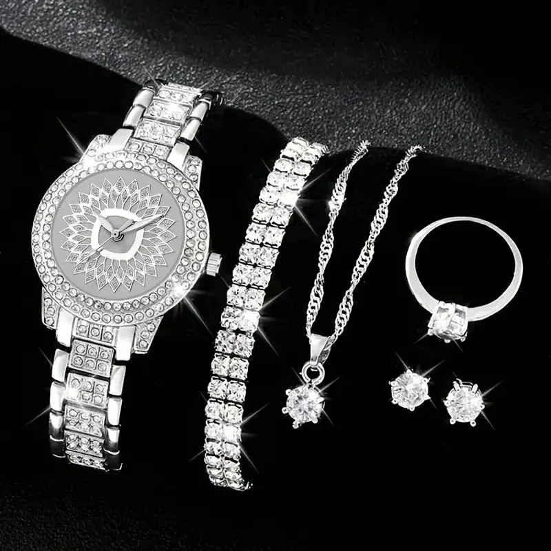 Women's Diamond Watch Ring Necklace Earrings Bracelet Set Fashion Wristwatch Female Casual Ladies Quartz Watches Jewelry Set