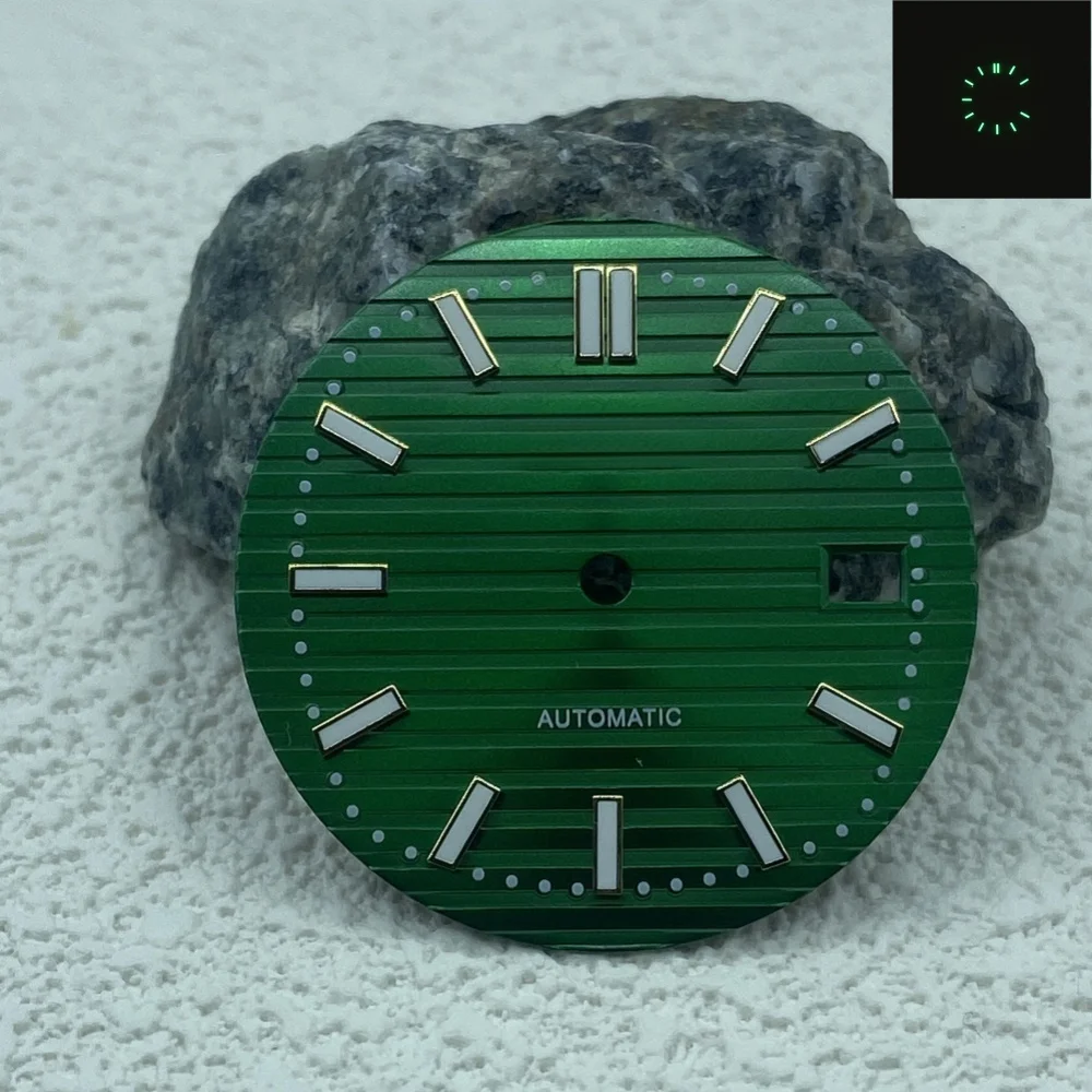 30.5mm S Dial Watch Accessories Nautilus lettered Noodle studded Green luminous calendar dial for NH35/NH36 movements