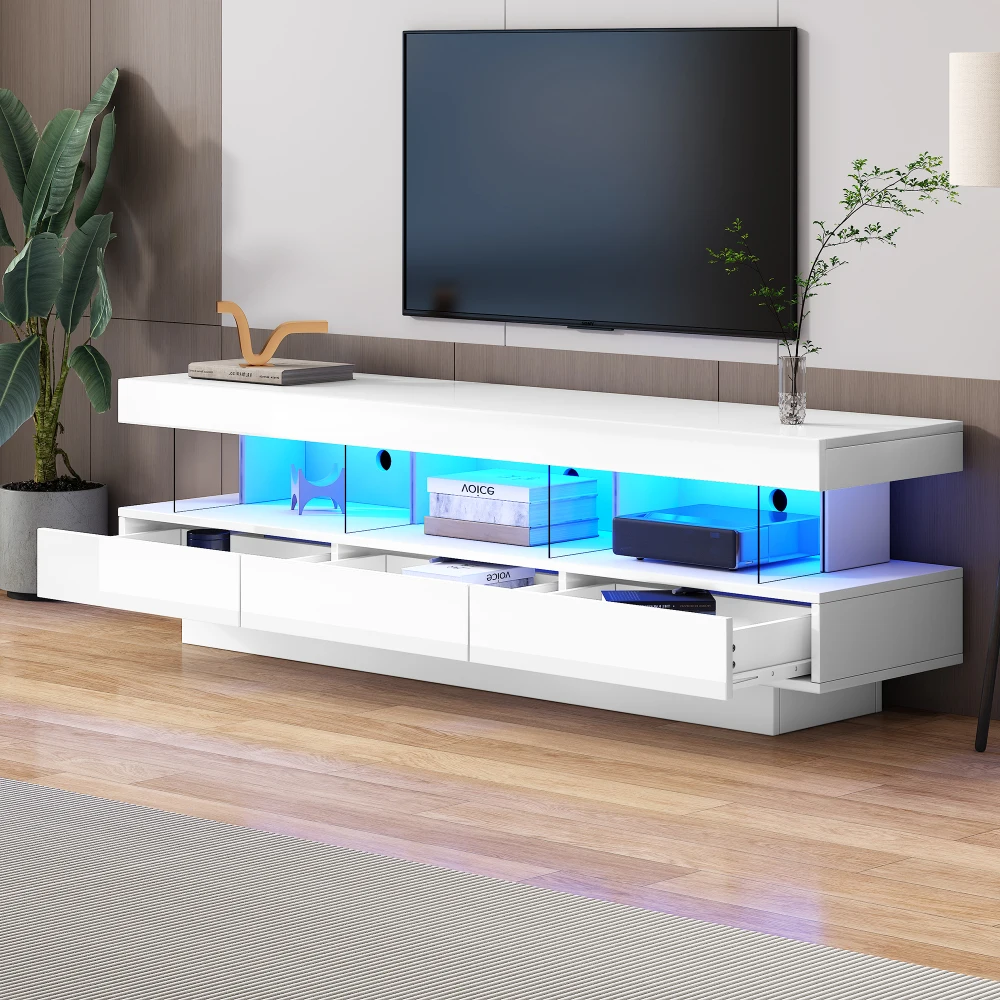 Mueble de TV blanco de alto brillo de 160 x 38 x 50.5 cm con 3 compartimentos de vidrio, mueble de consola para TV de 70 pulgadas, moderno armario de