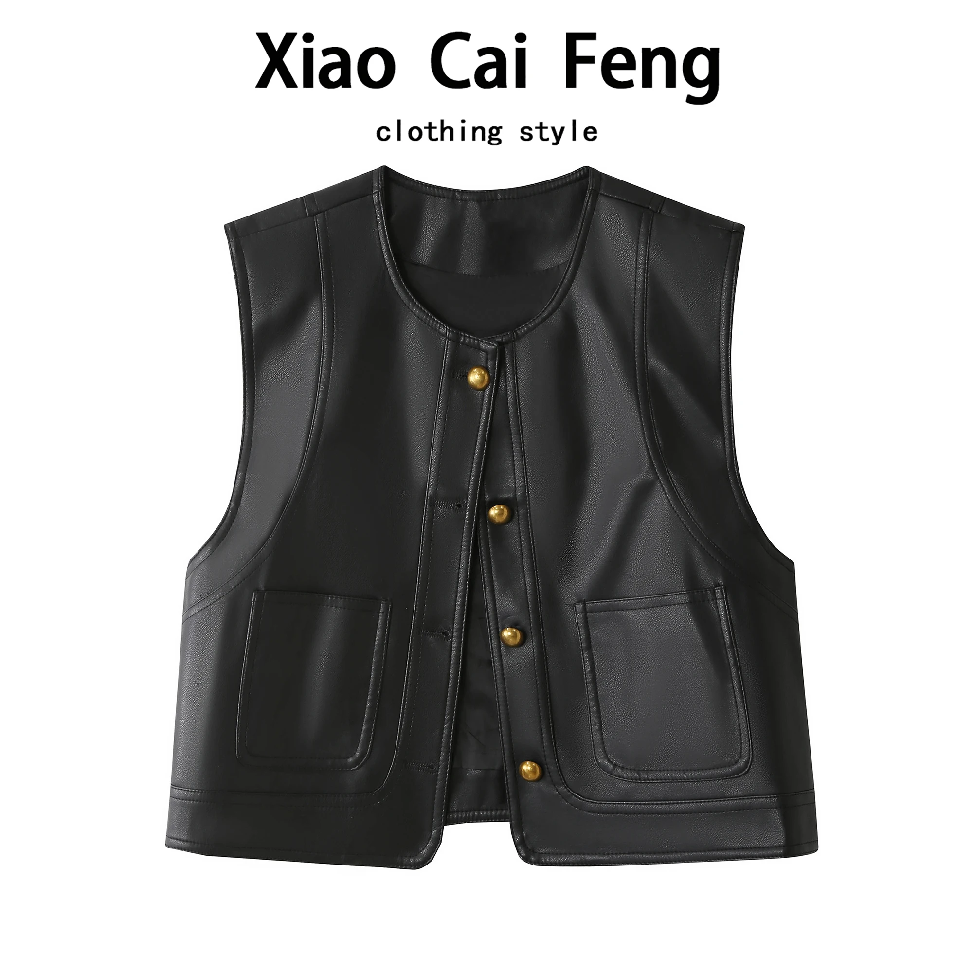 

Faionable round Ne PU Leather Vest Women's Sle And Elegance ular This Year No Sve Upper Body Trendy Autumn Top