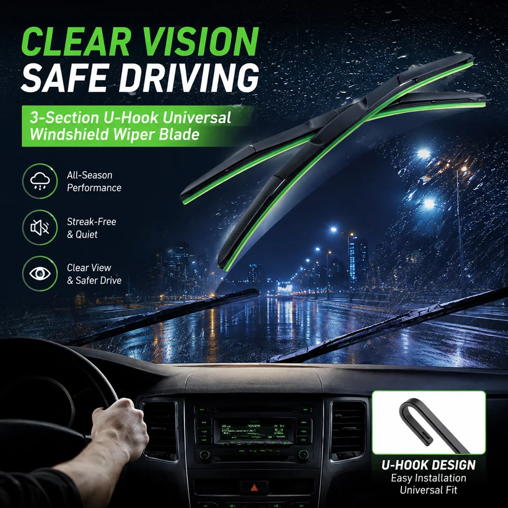 Kcimo 3‑Section Framed Car Front Windshield Wiper Blade U‑Hook J‑Type Soft Rubber Clear Quiet Wiping Multi‑Size 14‑22 Inch