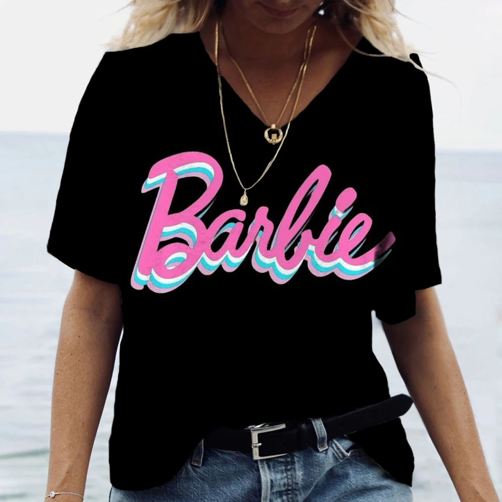 Fashion Barbie Print Casual V-neck Top Tee Shirt Women Black White T-shirtWomen T Shirt Harajuku Short Sleeves T shirts