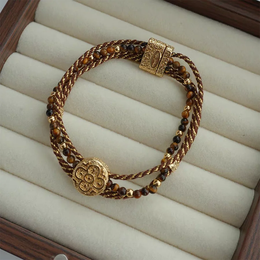 Double layered braided rope bracelet for women vintage tiger eye stone bracelets bohemia ethnic jewelry