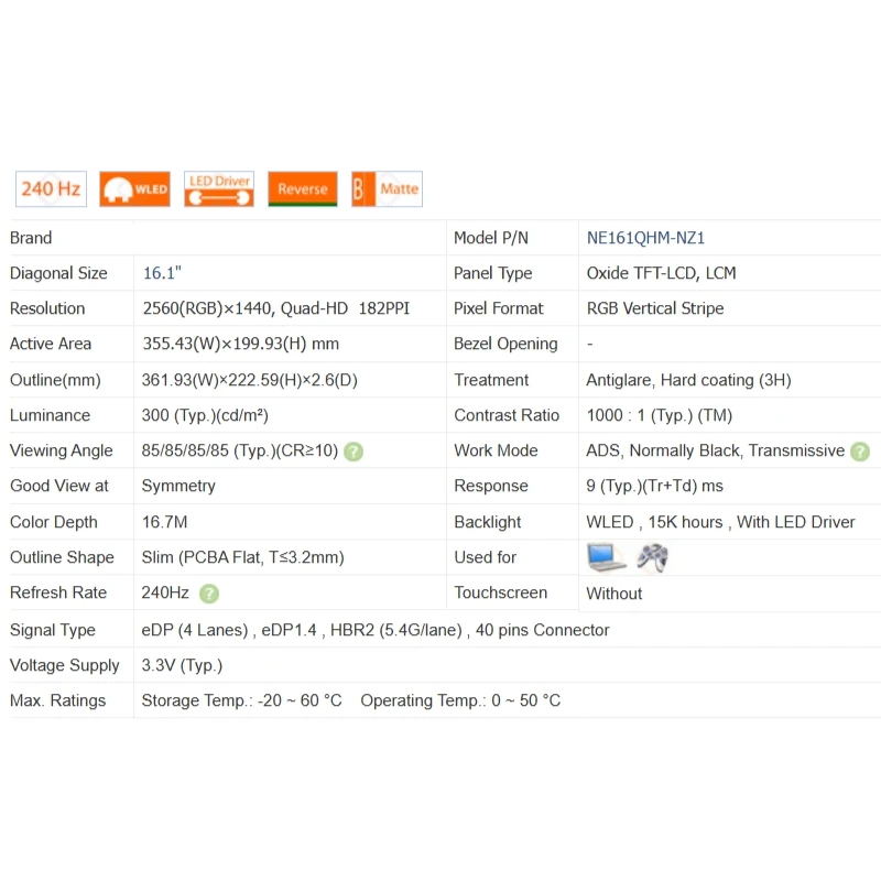 Imagem -06 - Substituição do Painel Lcd do Portátil Ips 16.1 Ne161qhm-ny1 Ne161qhm-nz1 Painel da Matriz da Exposição Qhd 2560x1440 100 Srgb Edp 40 Pinos
